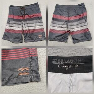 Billabong Originals Board Shorts Mens 34 Grey Red Striped Hybrid Swim Trunks